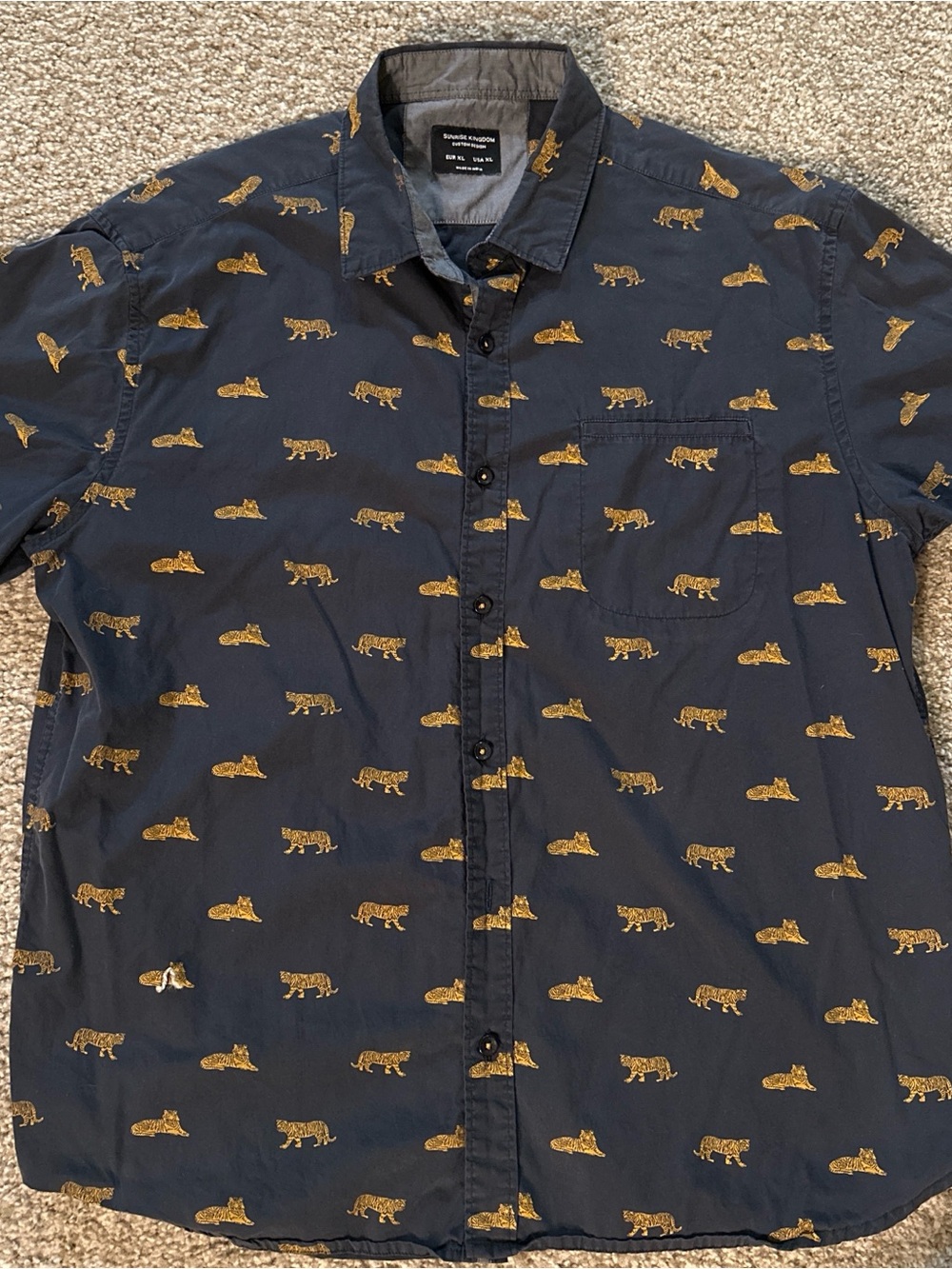 Men's Navy Button-Down Shirt with Gold Tiger Motif
